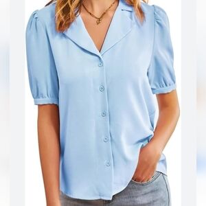 Grace Karin Blue Button Up Short Sleeve Blouse